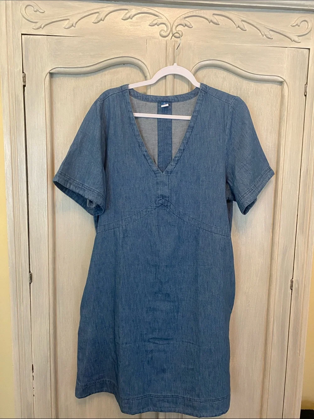 Casual V-Neck Denim Shift Dress - Blue